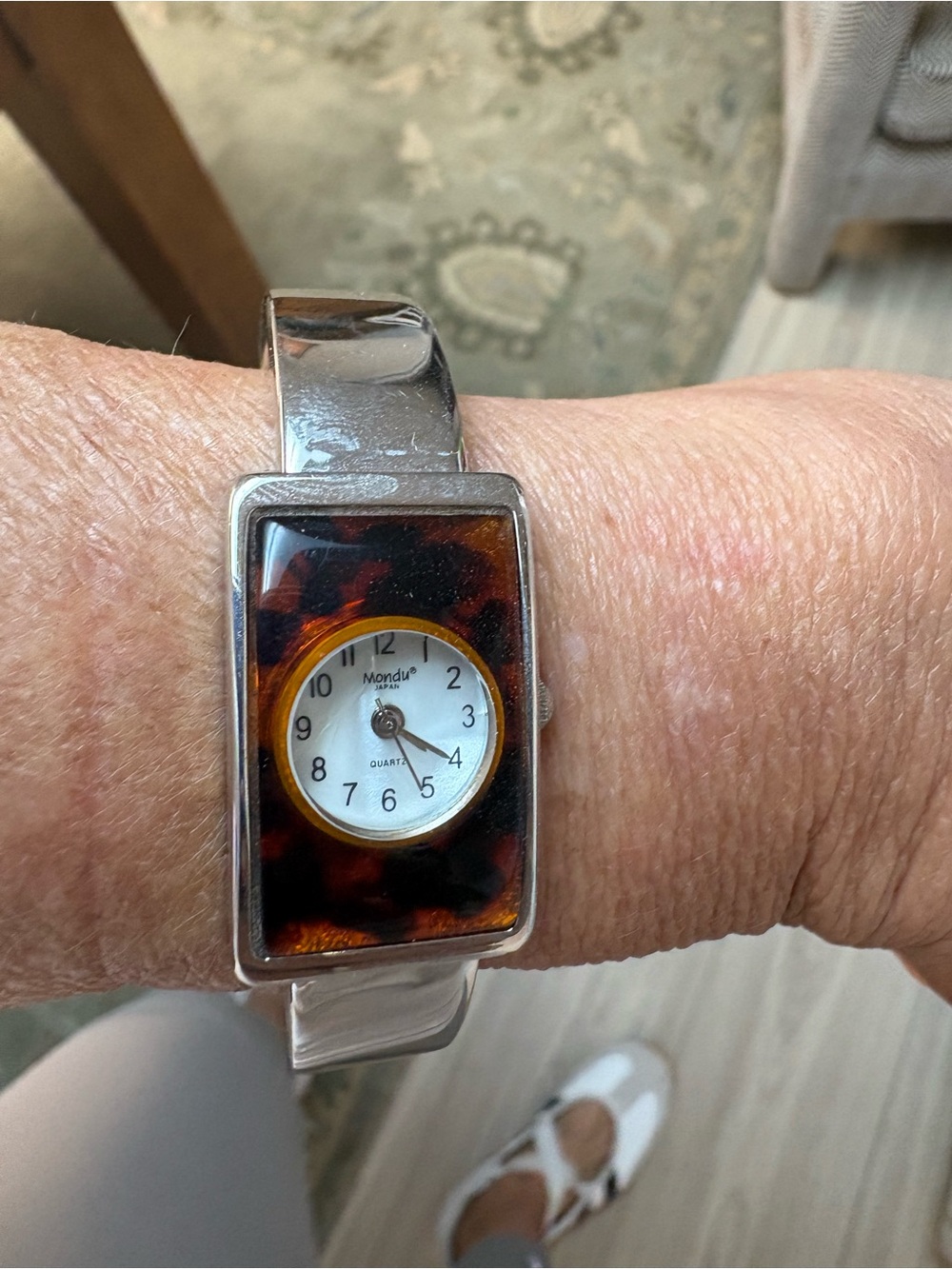 Mondaine Silver Bangle Watch with Tortoiseshell Accent